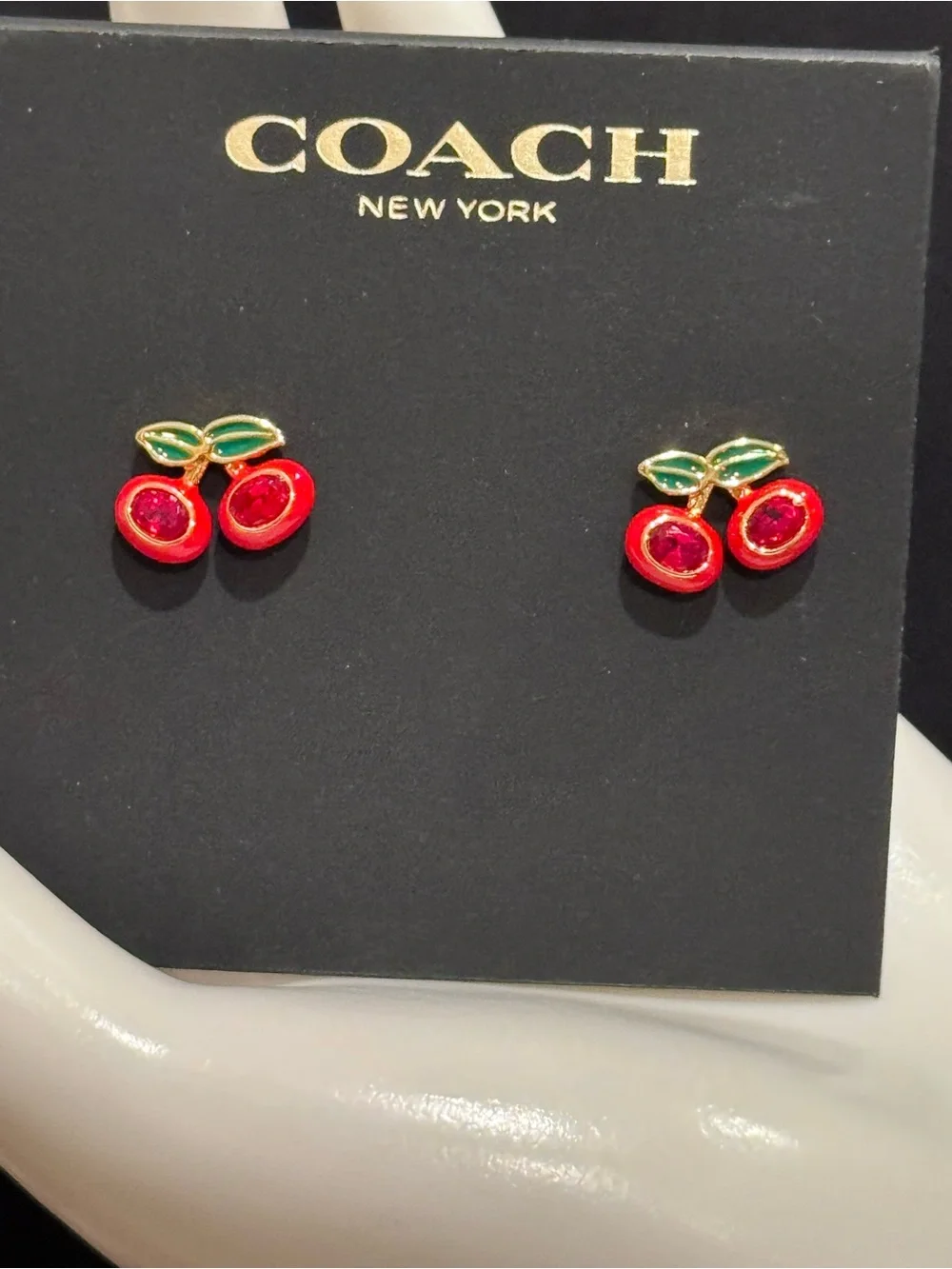 NWT Coach Cherry Stud Earrings Red Crystal Enamel Gold Tone F54514